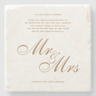 Classic Gold Mr and Mrs Wedding Thank You Message Stone Coaster