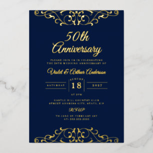 Classic Gold Navy Swirl 50th Wedding Anniversary Foil Invitation