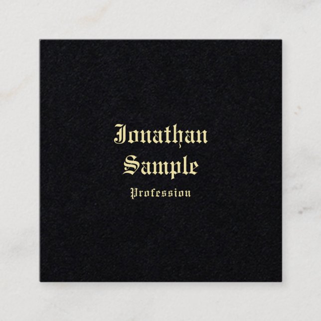 Classic Gold Old English Font Text Template Black Square Business Card (Front)