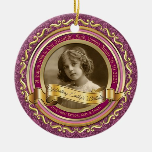 Classic Gold Photo Frame Elegant Banner Pink Ceramic Ornament