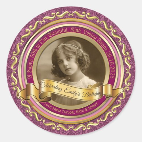 Classic Gold Photo Frame Elegant Banner Pink Classic Round Sticker