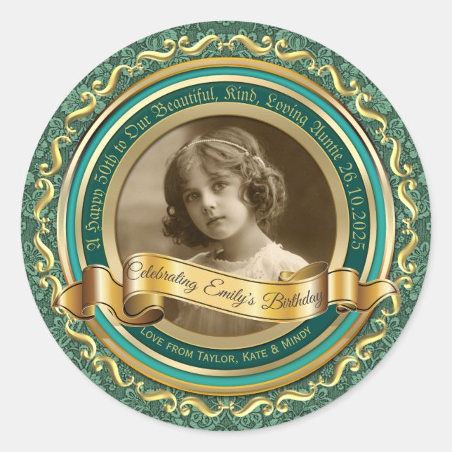 Classic Gold Photo Frame Elegant Banner Turquoise Round Sticker (Front)