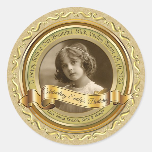 Classic Gold Photo Frame Elegant Banner Yellow Classic Round Sticker (Front)