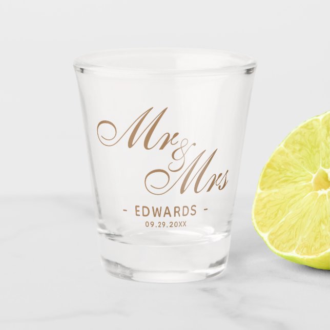 Classic Gold Script Mr and Mrs Wedding Souvenir  Shot Glass (Front)