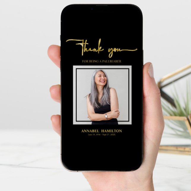 Classic Gold Script Pallbearer Thank You Photo Car Card (Front Digital)