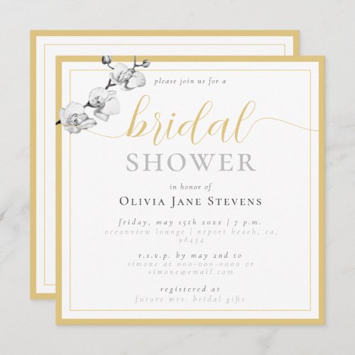 Classic Gold Script White Orchids Bridal Shower Invitation