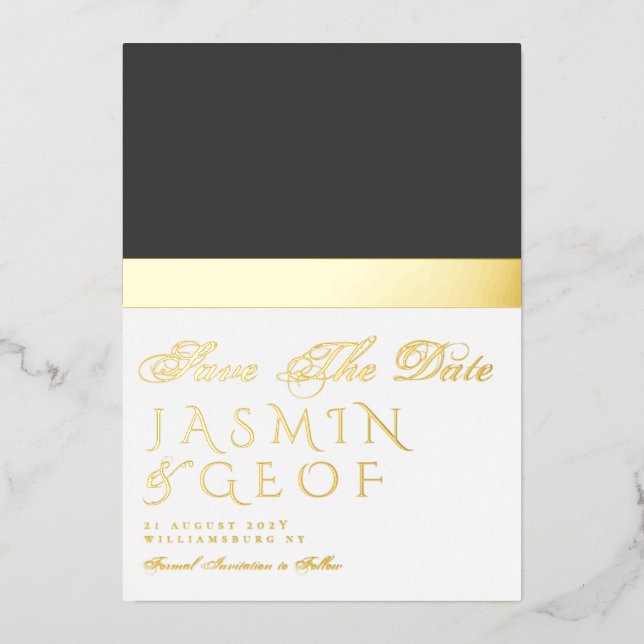 Classic Gold Strip Photo Foil Save The Date Foil Invitation (Front)