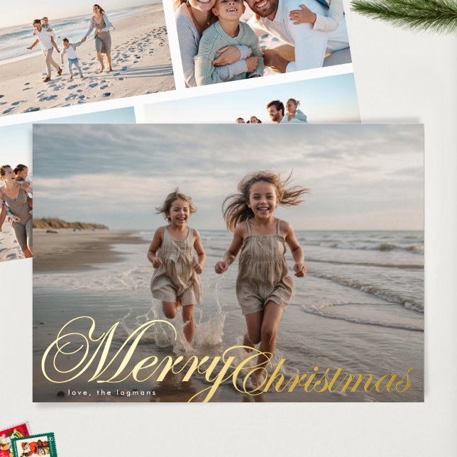 Classic Gold Typography FIVE Photo Merry Christmas Foil Holiday Card (Creator Uploaded)