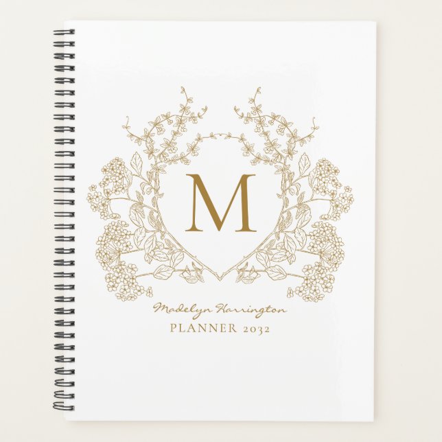 Classic Gold Vintage Floral Crest Monogram Planner (Front)