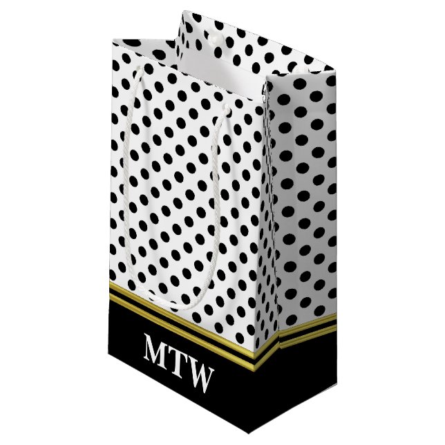 Classic Gold White Black Dots Initials Monogram Small Gift Bag (Front Angled)