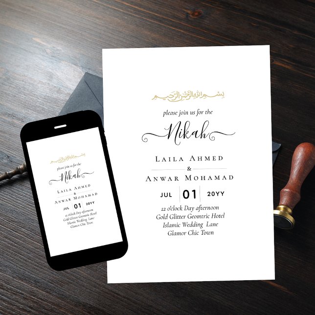 Classic Gold White NIKAH Print or Digital Wedding Invitation (Creator Uploaded)
