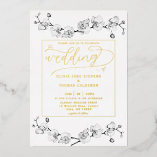 Classic Gold White Orchids Romantic Wedding Foil Invitation