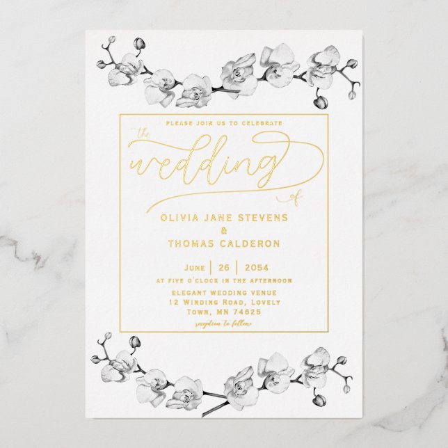 Classic Gold White Orchids Romantic Wedding Foil Invitation (Front)