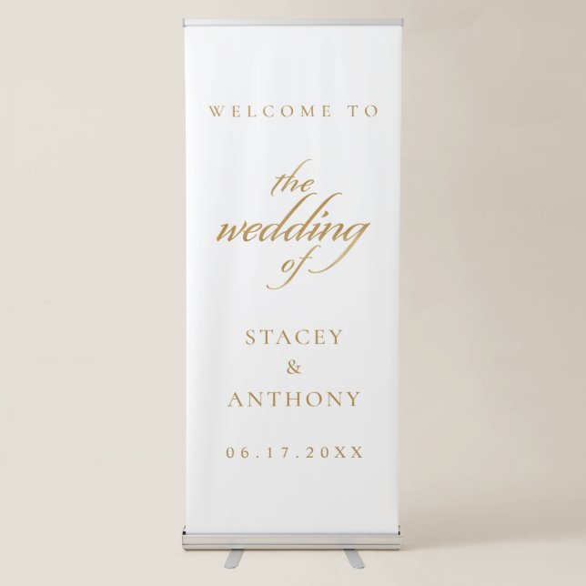 Classic Gold White Simple Wedding Welcome Retractable Banner (Front)