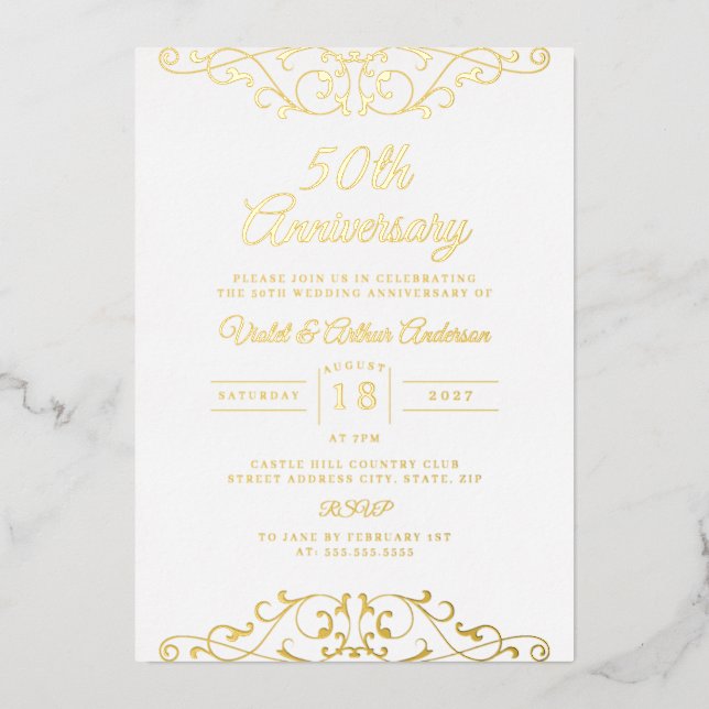 Classic Gold White Swirl 50th Wedding Anniversary Foil Invitation (Front)