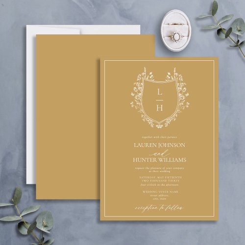 Classic Gold Wildflower Monogram Crest Wedding Invitation