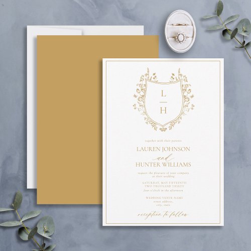 Classic Gold Wildflower Monogram Crest Wedding Invitation