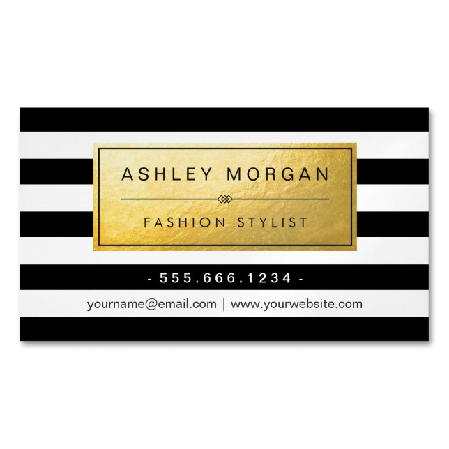 Classic Golden Label with Black White Stripes Magnetic Business Card (Front)
