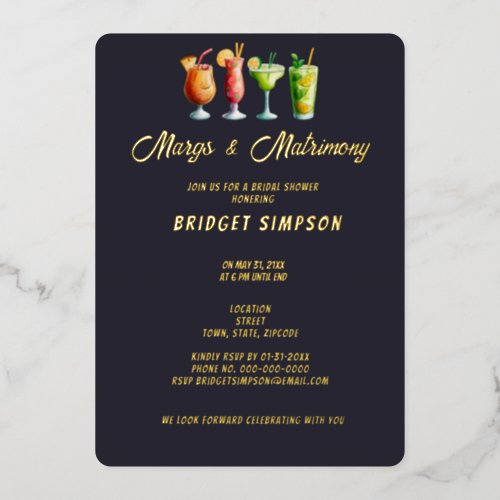 classic golden  margs and matrimony bridal shower foil invitation
