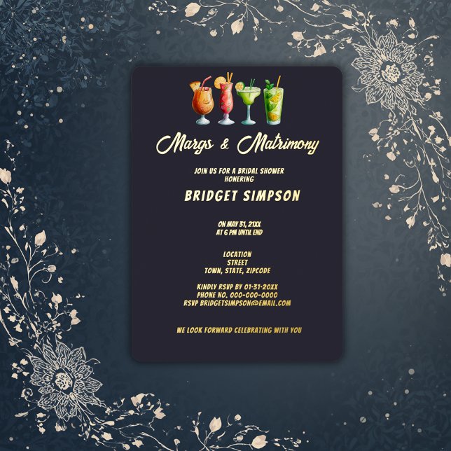 classic golden  margs and matrimony bridal shower foil invitation (Creator Uploaded)