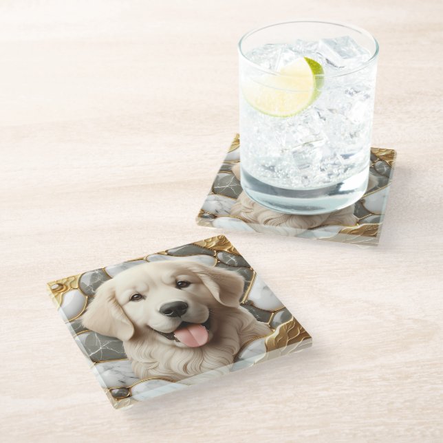 Classic Golden Retriever Marble Harmony Glass Coaster (Angled)
