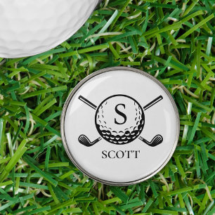 Classic Golf Clubs Monogram Name Black White Golf Ball Marker