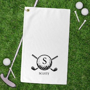 Classic Golf Clubs Monogram Name Black White Golf Towel