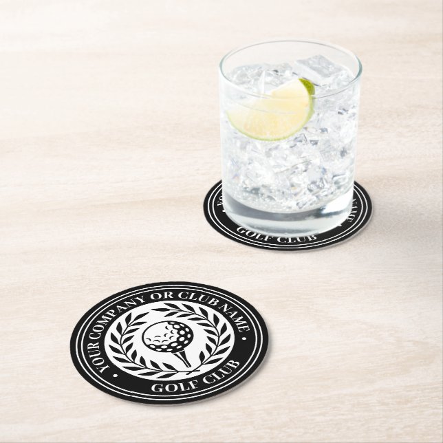Classic Golf Personalized Name Set Black Round Paper Coaster (Insitu)