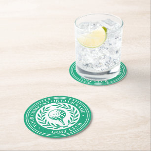 Classic Golf Victory Wreath Custom Name Green Round Paper Coaster
