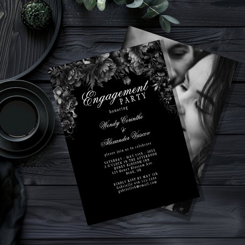 Classic Gothic Black Engagement Party Photo Invitation