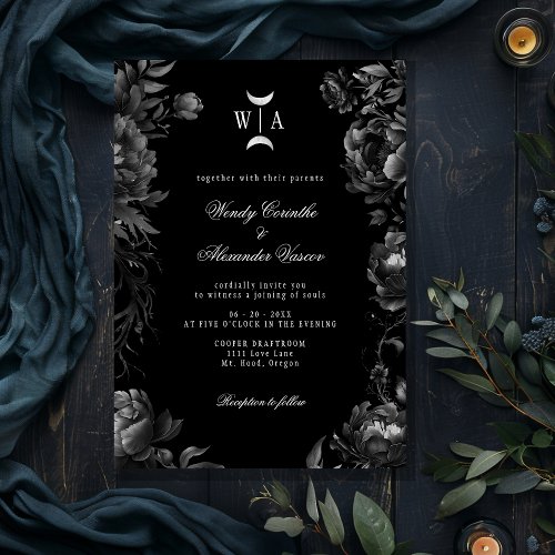 Classic Gothic Black Monogram Moon Crest Wedding Invitation