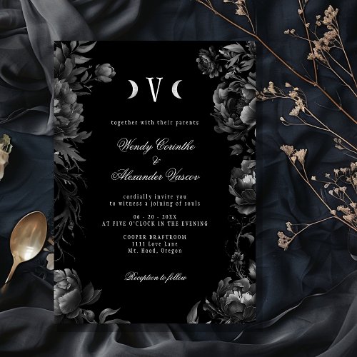 Classic Gothic Black Moon Monogram Wedding Invitation