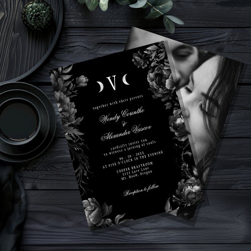Classic Gothic Black Moon Monogram Wedding Photo Invitation