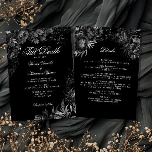 Classic Gothic Black Till Death Wedding Details Invitation