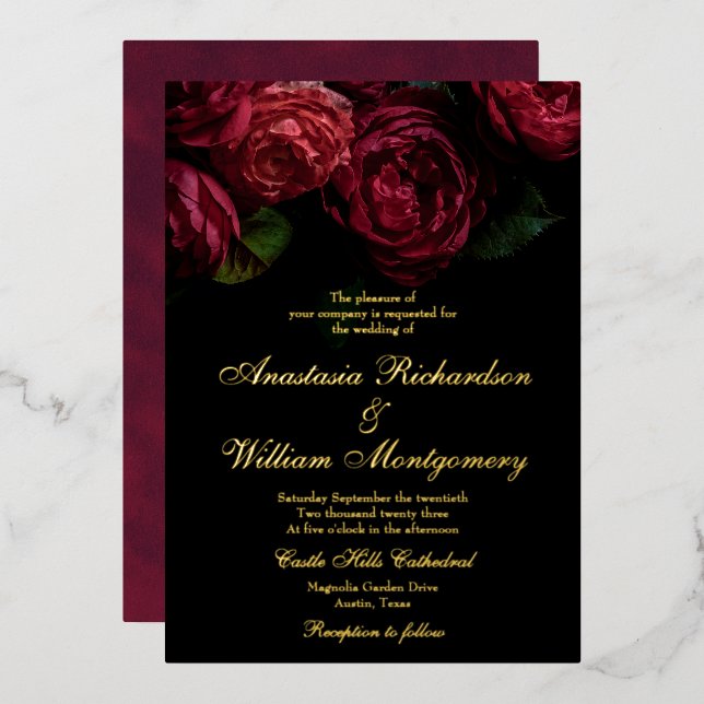 Classic Gothic Elegant Floral Black & Gold Wedding Foil Invitation (Front/Back)
