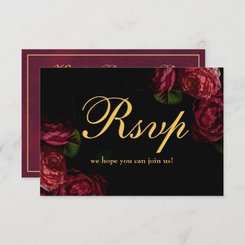 Classic Gothic Elegant Rose Floral Black Wedding  RSVP Card