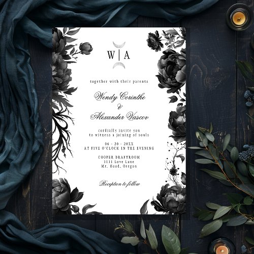 Classic Gothic White Monogram Moon Crest Wedding Invitation