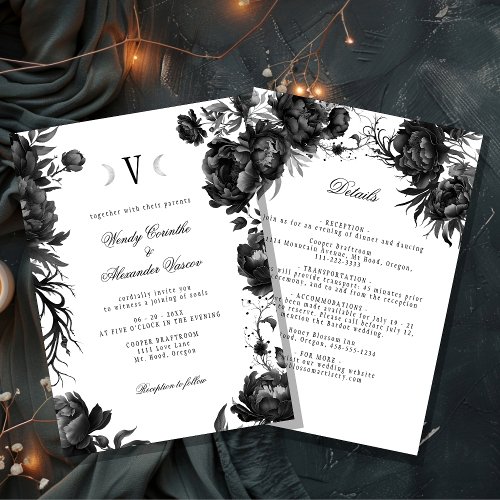 Classic Gothic White Moon Monogram Wedding Details Invitation