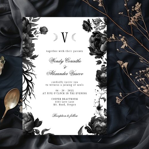 Classic Gothic White Moon Monogram Wedding Invitation