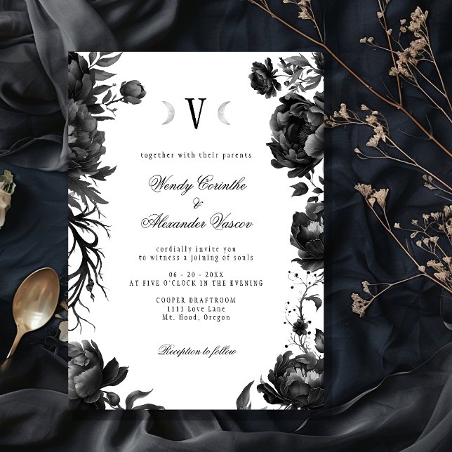 Classic Gothic White Moon Monogram Wedding Invitation (Creator Uploaded)