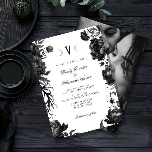 Classic Gothic White Moon Monogram Wedding Photo Invitation