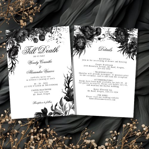 Classic Gothic White Till Death Wedding Details Invitation