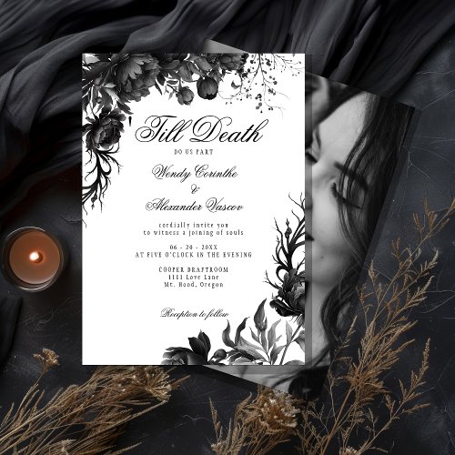 Classic Gothic White Till Death Wedding Photo Invitation