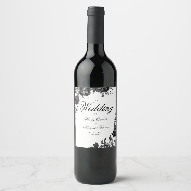 Classic Gothic White Wedding Wine Label (Front)