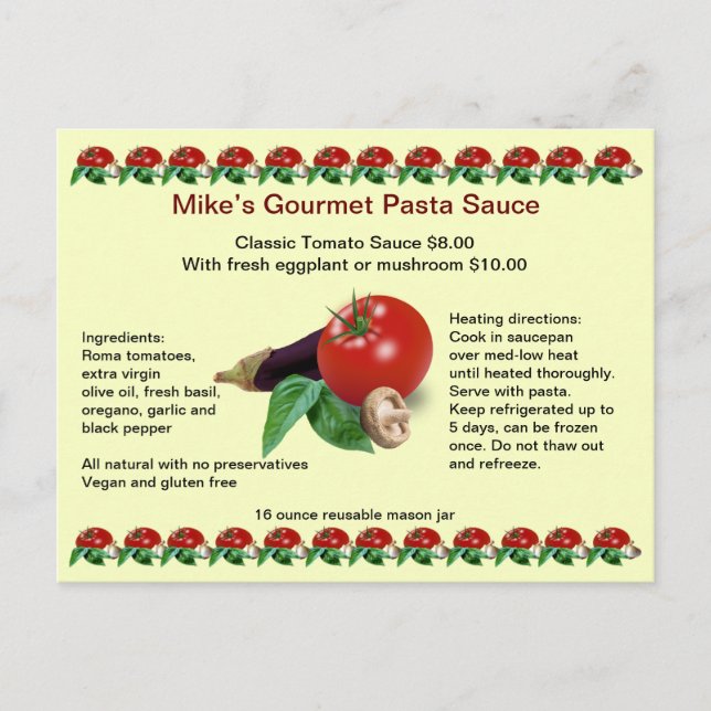 Classic Gourmet Pasta Sauce Postcard (Front)