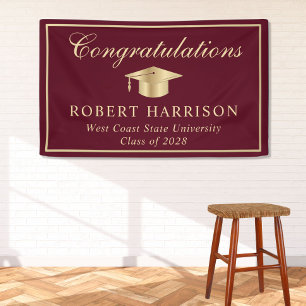 Classic Grad Cap Burgundy Gold Graduation Welcome Banner