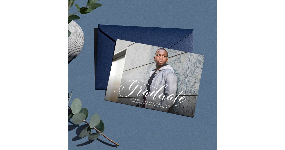 Classic graduate script horizontal navy graduation announcement | Zazzle