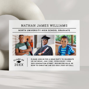 Classic Graduate Three Photo Graduation Party Invitation
