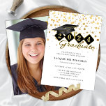 Classic Graduation Cap Black Gold Photo Invitation