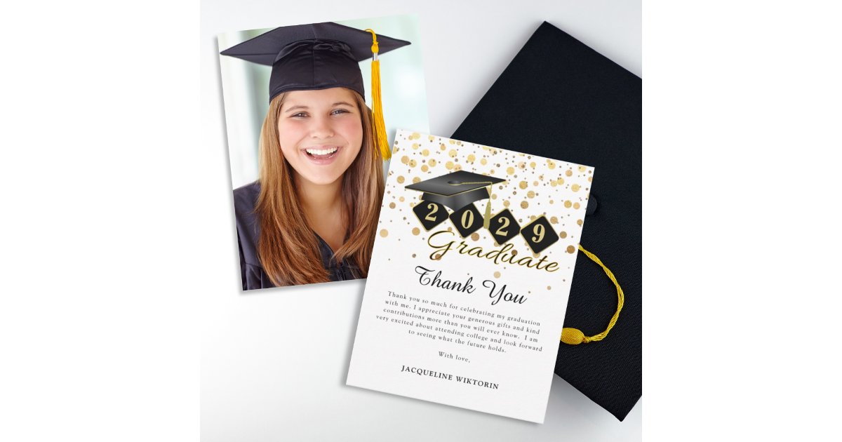 Classic Graduation Cap Black Gold Photo Thank You Card | Zazzle